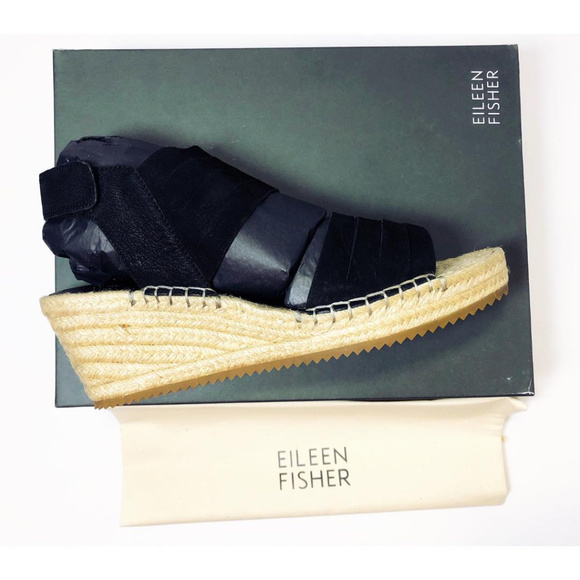 Eileen Fisher Black Espadrille Wedge Sandal Sz 10 - Picture 6 of 8
